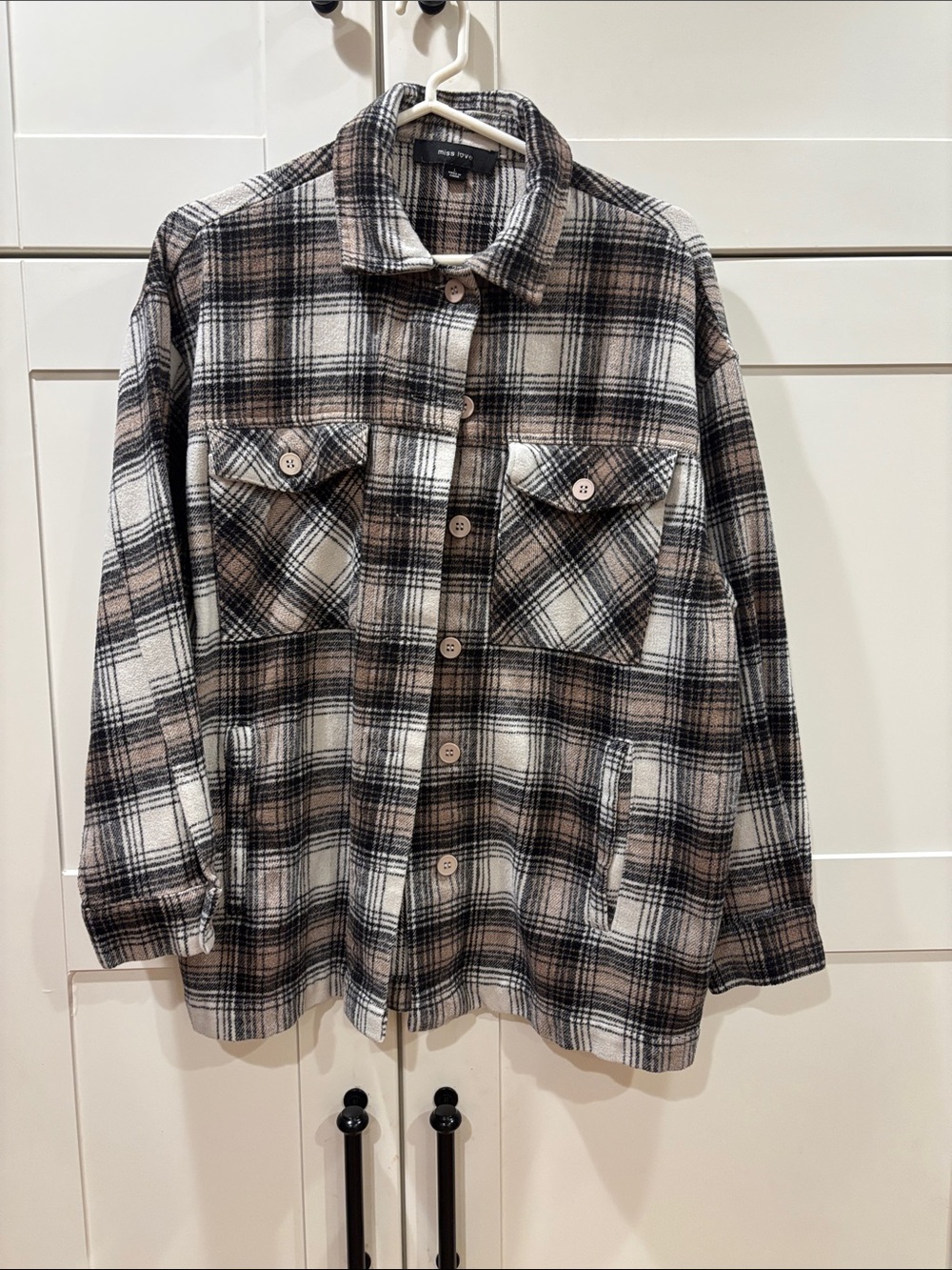 Plaid Button-Front Shacket Jacket - Black & Cream